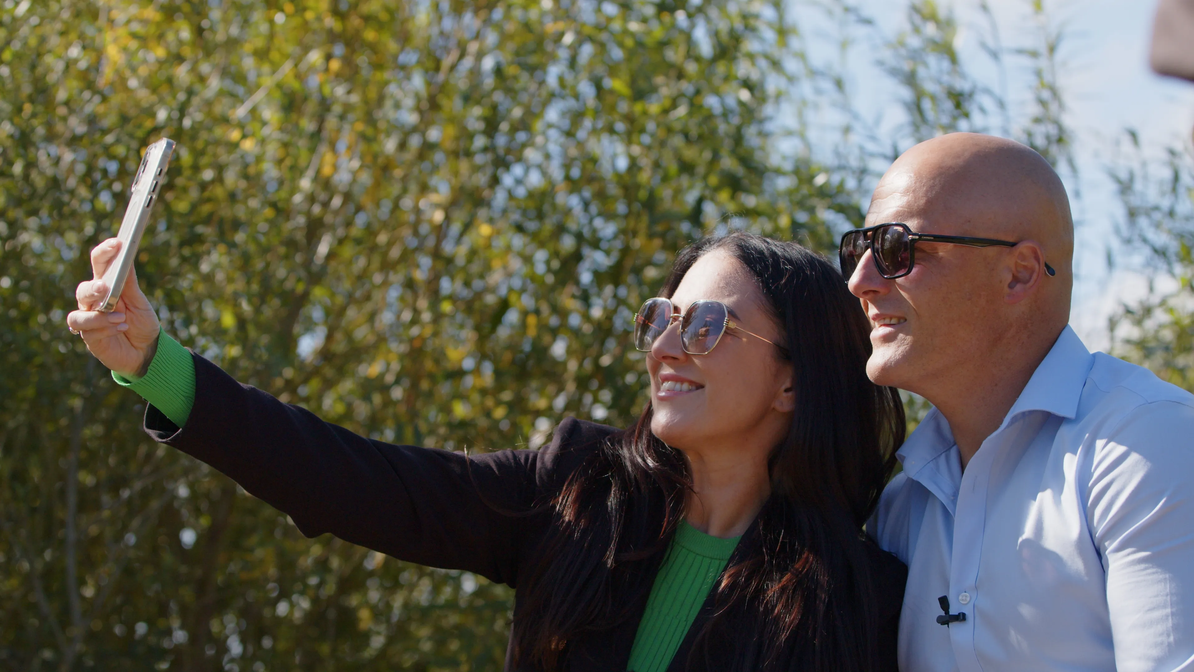 Kerry Waddington and Andy Bass taking a selfie on location during the volunteer week at The Children's Centre, Isle of Man, filmed by DotPerformance